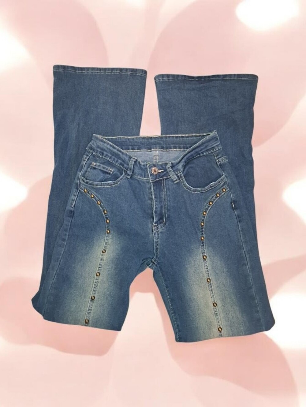 Women's Blue Medium Wash Bootcut Studded Solid Denim 5-Pocket Jeans Size 26